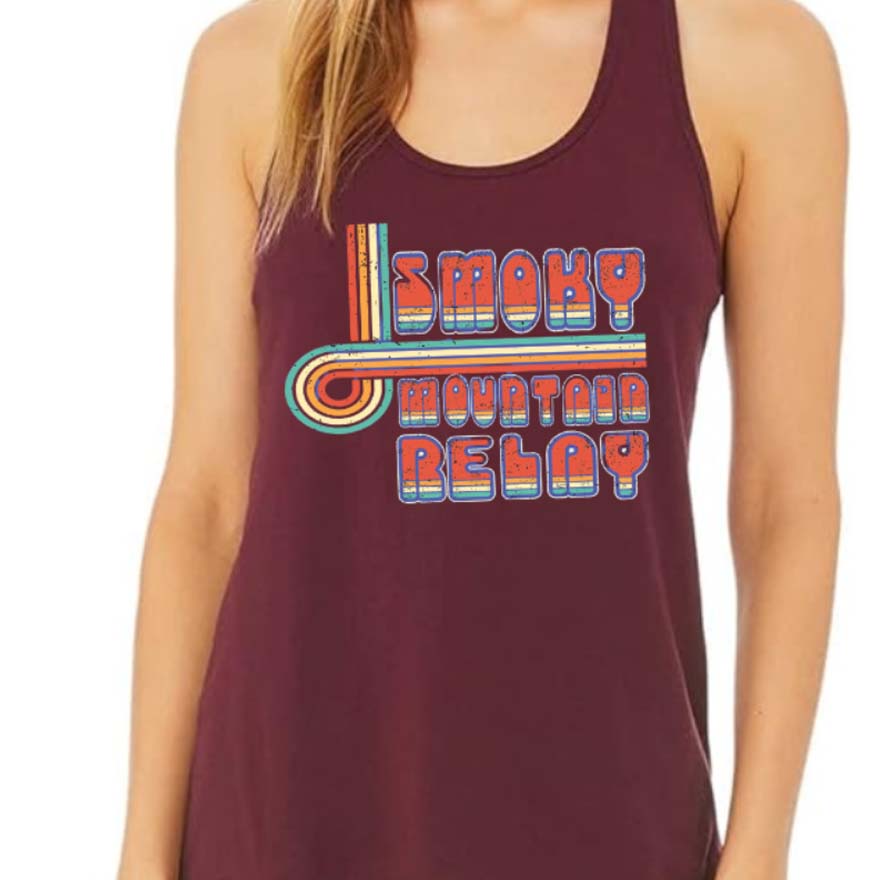 Maroon tank top with colorful 'Smoky Mountain Relay' text design.
