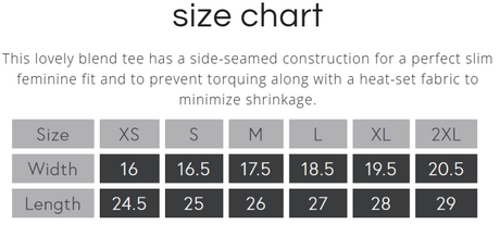 Size chart for a blend tee with side-seamed construction and heat-set fabric.