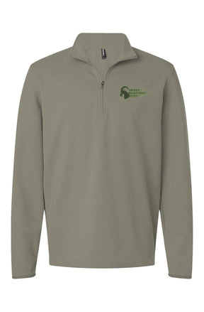 Light Green performance quarter zip with an green SMR ram logo on the chest against a white background