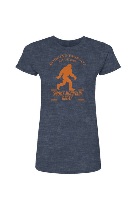 Navy t-shirt with orange SMR Bigfoot and text on a white background