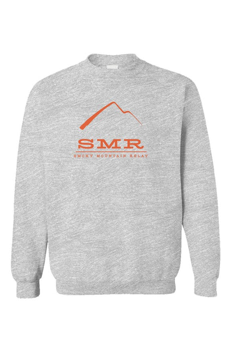 Gray sweatshirt with orange 'SMR' logo on a white background