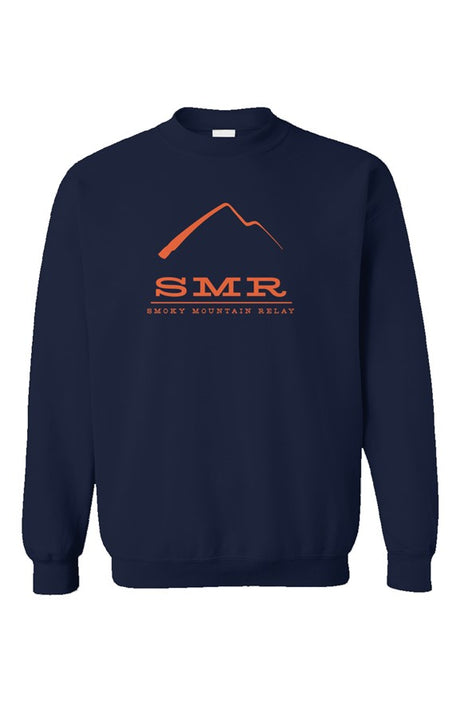 Navy blue sweatshirt with orange 'SMR' logo and text on a white background
