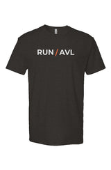 black shirt with words RUN / AVL in white with orange slash separating the words