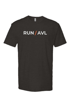 black shirt with words RUN / AVL in white with orange slash separating the words