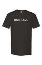 black shirt with words RUN / AVL in white with orange slash separating the words