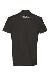 back of black shirt with four orange speed lines vertically stacked to the left followed by 'Kick It Running' text in white