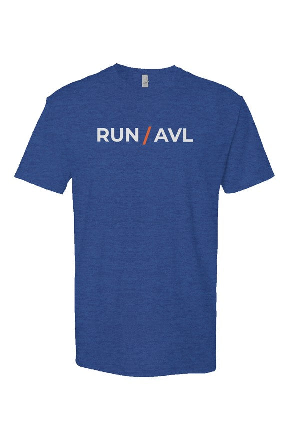 royal blue shirt with words RUN / AVL in white with orange slash separating the words