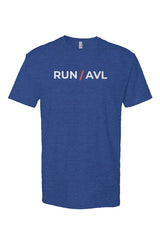 royal blue shirt with words RUN / AVL in white with orange slash separating the words