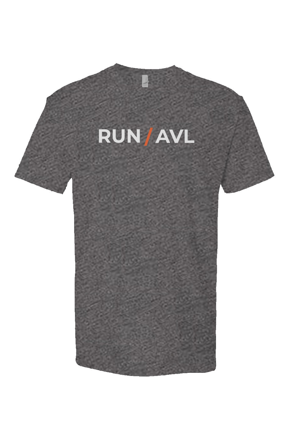 grey shirt with words RUN / AVL in white with orange slash separating the words