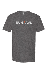 grey shirt with words RUN / AVL in white with orange slash separating the words