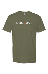 military green shirt with words RUN / AVL in white with orange slash separating the words