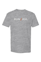 heather grey shirt with words RUN / AVL in white with orange slash separating the words