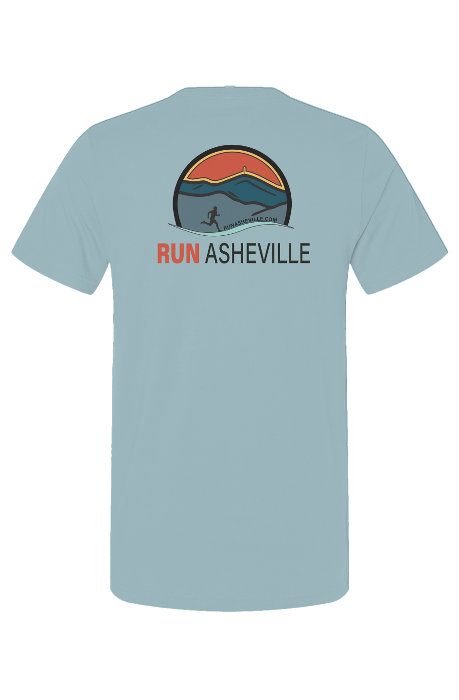 back of light blue t-shirt prominently displays Run Asheville logo featuring a circular emblem with layered mountain ridges in teal and slate blue tones beneath a warm red-orange sky with a golden horizon. A silhouette of a runner strides across the foreground, with a flowing light teal wave element at the base of the circle and the URL "RUNASHEVILLE.COM" arced across the lower interior. Below the emblem, bold text reads "RUN" in red-orange and "ASHEVILLE" in black.
