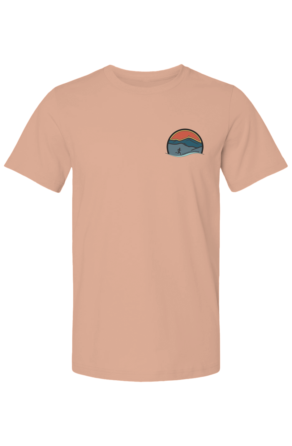 front of light orange t-shirt and on left chest a small Run Asheville logo featuring a circular emblem with layered mountain ridges in teal and slate blue tones beneath a warm red-orange sky with a golden horizon. A silhouette of a runner strides across the foreground, with a flowing light teal wave element at the base of the circle and the URL "RUNASHEVILLE.COM" arced across the lower interior.
