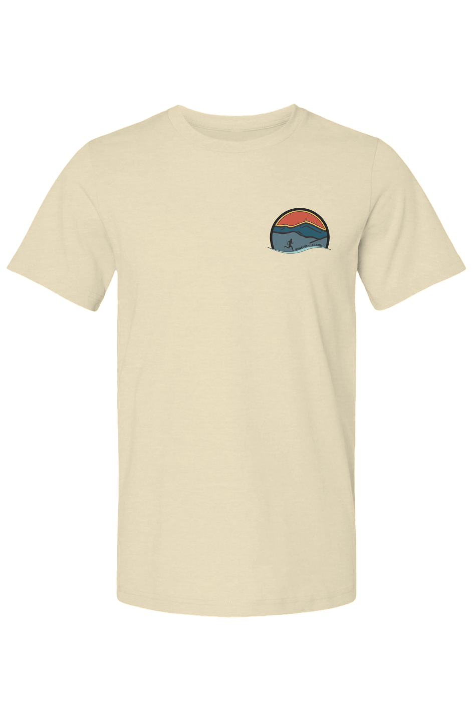 front of yellow t-shirt and on left chest a small Run Asheville logo featuring a circular emblem with layered mountain ridges in teal and slate blue tones beneath a warm red-orange sky with a golden horizon. A silhouette of a runner strides across the foreground, with a flowing light teal wave element at the base of the circle and the URL "RUNASHEVILLE.COM" arced across the lower interior.