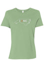 light green t-shirt with white North Carolina outline graphic surrounding 'I RUN NC' text with the word 'RUN' replaced by a silhouetted female runner in orange