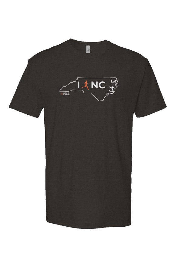 black t-shirt with white North Carolina outline graphic surrounding 'I RUN NC' text with the word 'RUN' replaced by a silhouetted male runner in orange
