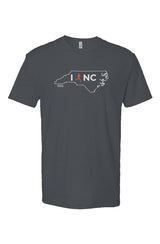 indigo t-shirt with white North Carolina outline graphic surrounding 'I RUN NC' text with the word 'RUN' replaced by a silhouetted male runner in orange