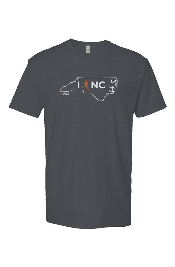 indigo t-shirt with white North Carolina outline graphic surrounding 'I RUN NC' text with the word 'RUN' replaced by a silhouetted male runner in orange
