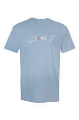 carolina blue t-shirt with white North Carolina outline graphic surrounding 'I RUN NC' text with the word 'RUN' replaced by a silhouetted male runner in orange