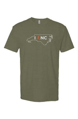 military green t-shirt with white North Carolina outline graphic surrounding 'I RUN NC' text with the word 'RUN' replaced by a silhouetted male runner in orange