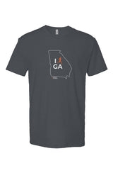 indigo t-shirt with white Georgia outline graphic surrounding 'I RUN GA' text with the word 'RUN' replaced by a silhouetted male runner in orange