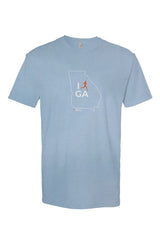 carolina blue t-shirt with white Georgia outline graphic surrounding 'I RUN GA' text with the word 'RUN' replaced by a silhouetted male runner in orange