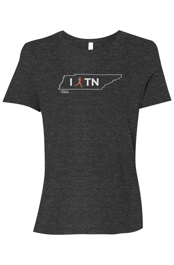 dark grey t-shirt with white Tennessee outline graphic surrounding 'I RUN TN text with the word 'RUN' replaced by a silhouetted female runner in orange