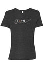 dark grey t-shirt with white Tennessee outline graphic surrounding 'I RUN TN text with the word 'RUN' replaced by a silhouetted female runner in orange