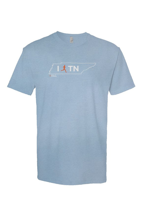 carolina blue t-shirt with white Tennessee outline graphic surrounding 'I RUN TN text with the word 'RUN' replaced by a silhouetted male runner in orange