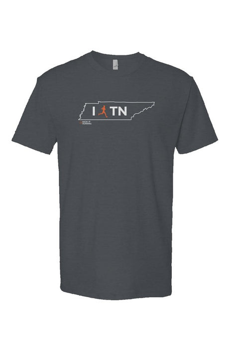 indigo t-shirt with white Tennessee outline graphic surrounding 'I RUN TN text with the word 'RUN' replaced by a silhouetted male runner in orange