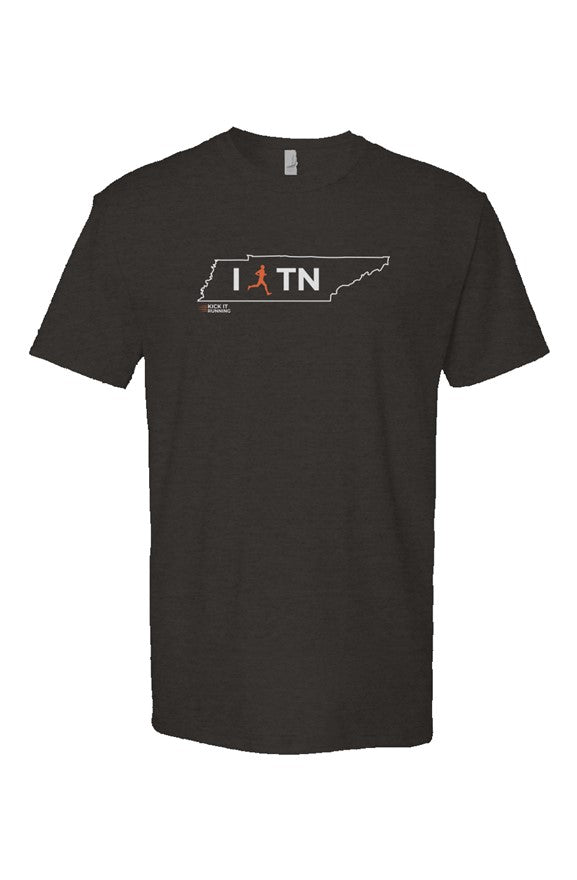 black t-shirt with white Tennessee outline graphic surrounding 'I RUN TN text with the word 'RUN' replaced by a silhouetted male runner in orange