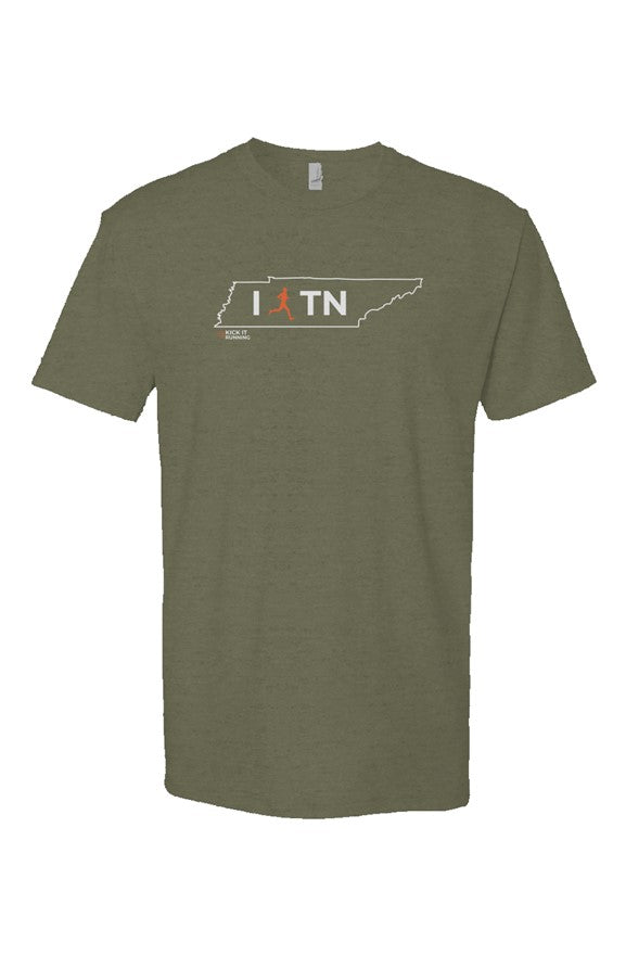 military green t-shirt with white Tennessee outline graphic surrounding 'I RUN TN text with the word 'RUN' replaced by a silhouetted male runner in orange