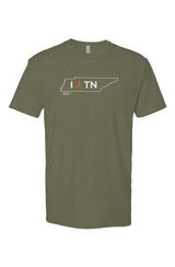 military green t-shirt with white Tennessee outline graphic surrounding 'I RUN TN text with the word 'RUN' replaced by a silhouetted male runner in orange