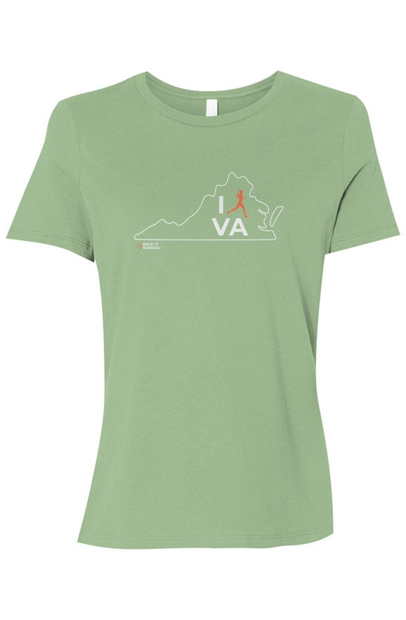 light green t-shirt with white Virginia outline graphic surrounding 'I RUN VA' text with the word 'RUN' replaced by a silhouetted female runner in orange