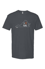 indigo t-shirt with white Virginia outline graphic surrounding 'I RUN VA' text with the word 'RUN' replaced by a silhouetted male runner in orange