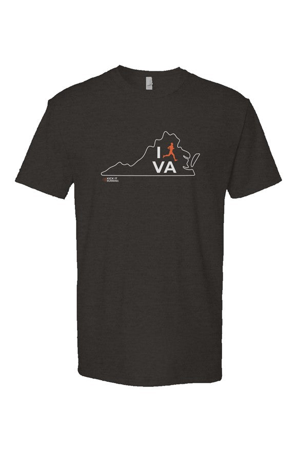 black t-shirt with white Virginia outline graphic surrounding 'I RUN VA' text with the word 'RUN' replaced by a silhouetted male runner in orange