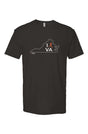 black t-shirt with white Virginia outline graphic surrounding 'I RUN VA' text with the word 'RUN' replaced by a silhouetted male runner in orange