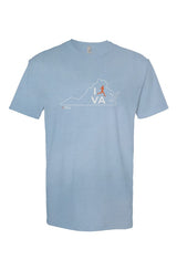 carolina blue t-shirt with white Virginia outline graphic surrounding 'I RUN VA' text with the word 'RUN' replaced by a silhouetted male runner in orange