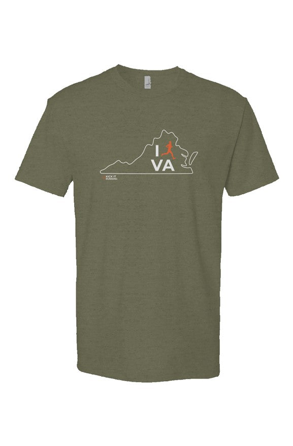 military green t-shirt with white Virginia outline graphic surrounding 'I RUN VA' text with the word 'RUN' replaced by a silhouetted male runner in orange