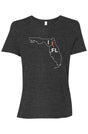 dark grey t-shirt with white Florida outline graphic surrounding 'I RUN FL' text with the word 'RUN' replaced by a silhouetted female runner in orange