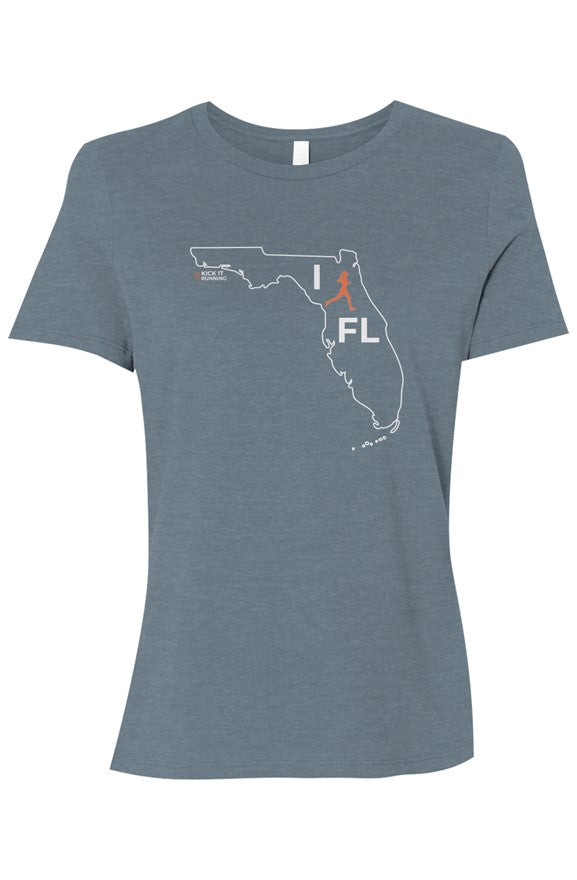 blue t-shirt with white Florida outline graphic surrounding 'I RUN FL' text with the word 'RUN' replaced by a silhouetted female runner in orange