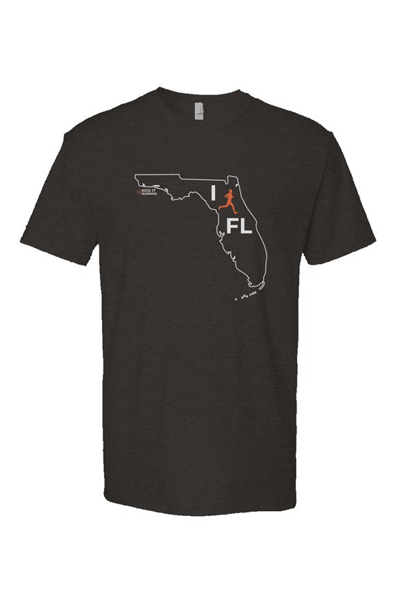 black t-shirt with white Florida outline graphic surrounding 'I RUN FL' text with the word 'RUN' replaced by a silhouetted male runner in orange