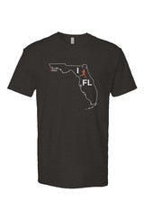 black t-shirt with white Florida outline graphic surrounding 'I RUN FL' text with the word 'RUN' replaced by a silhouetted male runner in orange