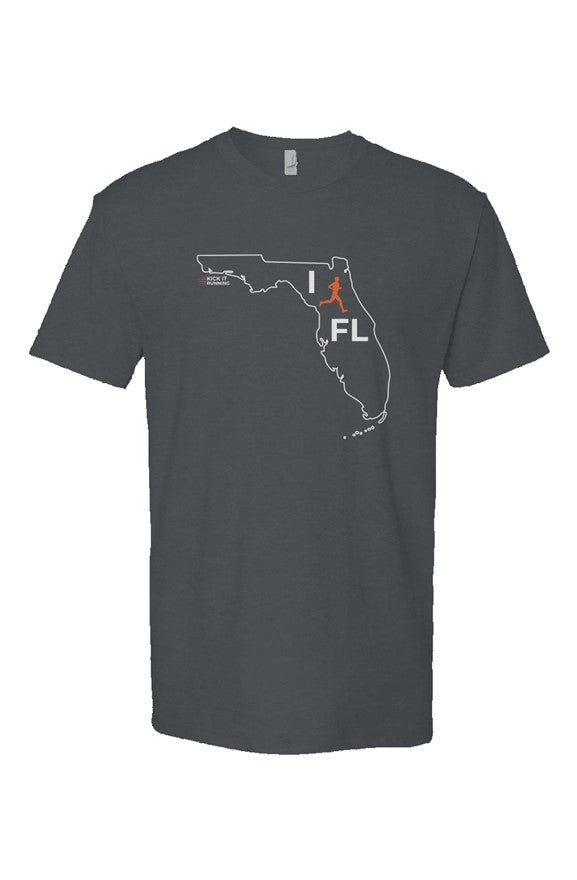indigo t-shirt with white Florida outline graphic surrounding 'I RUN FL' text with the word 'RUN' replaced by a silhouetted male runner in orange