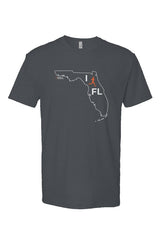 indigo t-shirt with white Florida outline graphic surrounding 'I RUN FL' text with the word 'RUN' replaced by a silhouetted male runner in orange