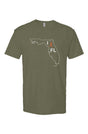 military green t-shirt with white Florida outline graphic surrounding 'I RUN FL' text with the word 'RUN' replaced by a silhouetted male runner in orange