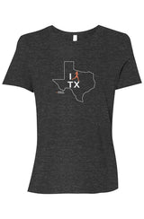 dark grey t-shirt with white Texas outline graphic surrounding 'I RUN TX' text with the word 'RUN' replaced by a silhouetted female runner in orange