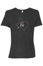 dark grey t-shirt with white Texas outline graphic surrounding 'I RUN TX' text with the word 'RUN' replaced by a silhouetted female runner in orange