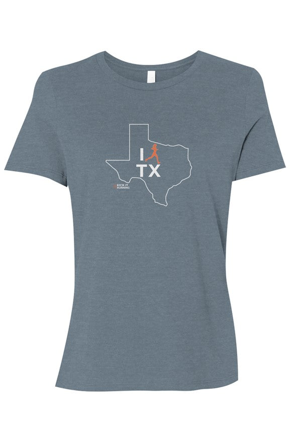 blue t-shirt with white Texas outline graphic surrounding 'I RUN TX' text with the word 'RUN' replaced by a silhouetted female runner in orange